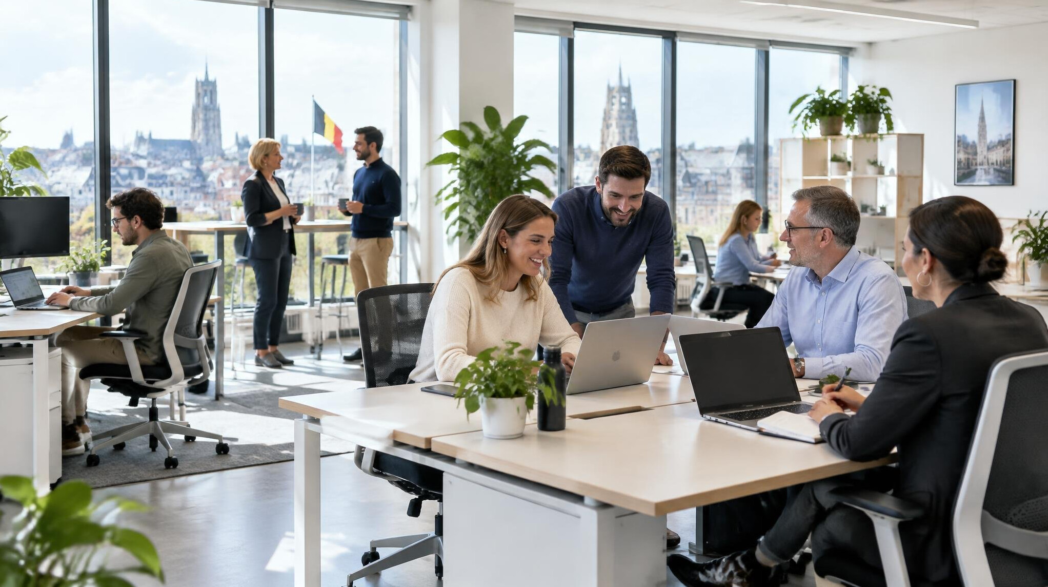 Modern open-plan office with employees collaborating at desks