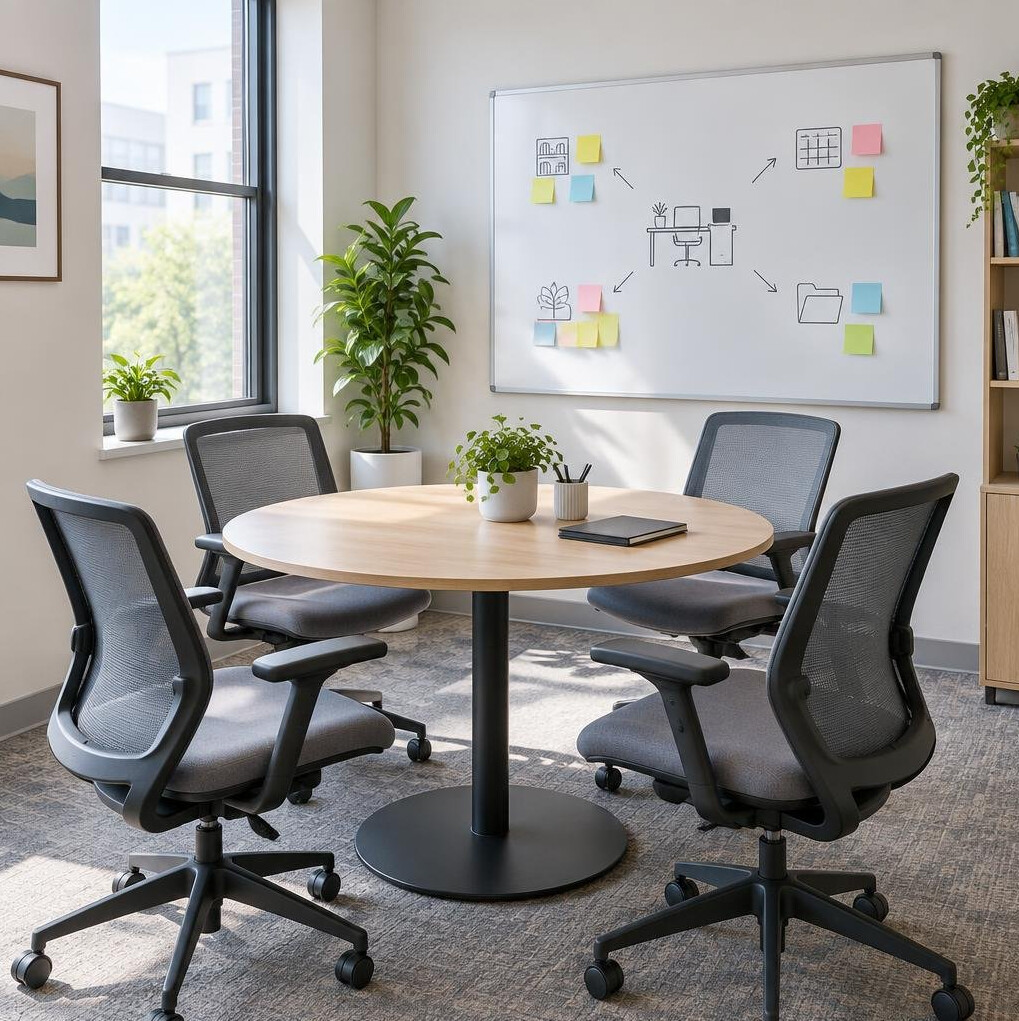 Small meeting room with ergonomic chairs and a whiteboard